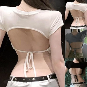 Contemporary Women's Casual T Shirt in High Waist Style with Open Back Design - Picture 1 of 21