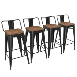 24" Metal Barstools Set of 4 Counter Bar Stools with Wood Top Low Back Matte ... - Picture 1 of 9