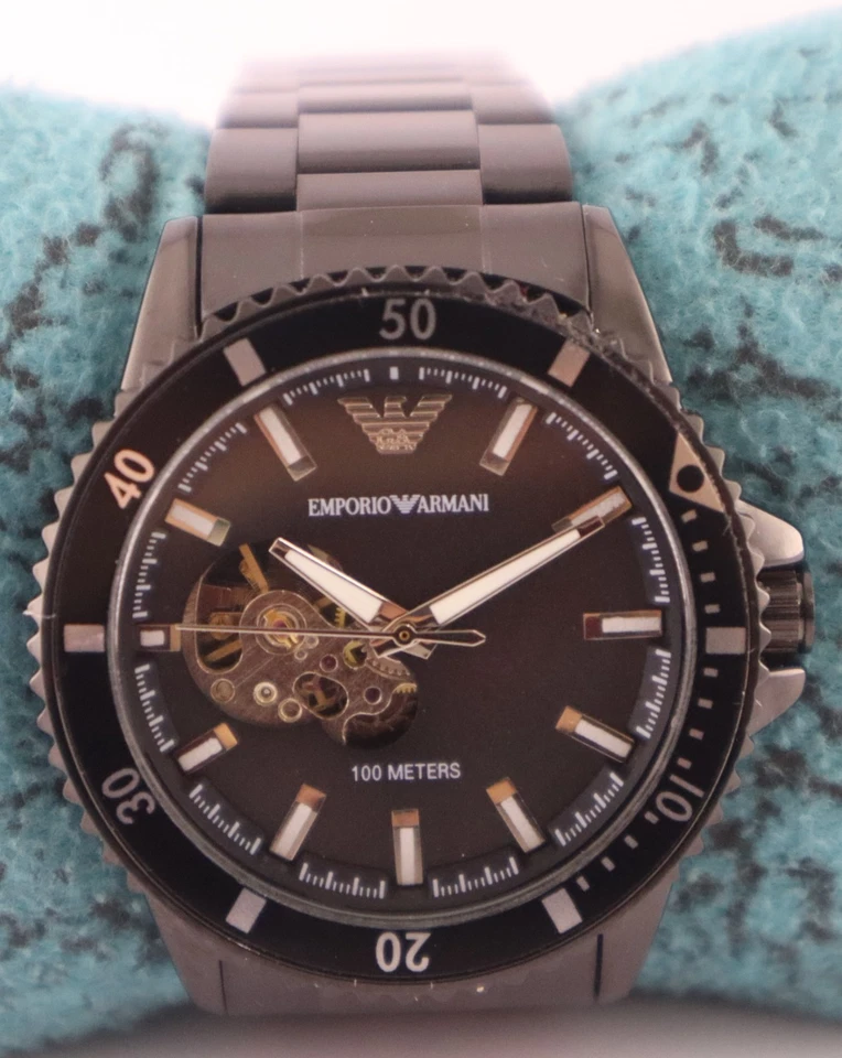 Reloj de pulsera informal Armani automático esfera negra correa de acero para hombre "Mantente puntual" Foto 1 de 4