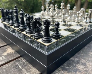 Luxus Schachspiel mit Aufbewahrung 14,5" Marmor & Holz Brett Handarbeit, Weihnachtsgeschenk - Bild 1 von 10