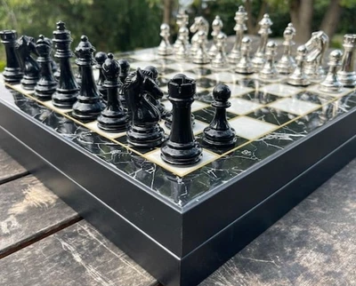 Luxury Chess Set with Storage 14.5" Marble & Wood Board Handmade, Christmas Gift - Image 1 of 4