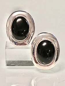 DESIGNER TD*POLISHED 925 SS~OVAL CABOCHON ONYX~ 1.5” CLIP EARRINGS~28 GRAMS NWOT - Picture 1 of 9