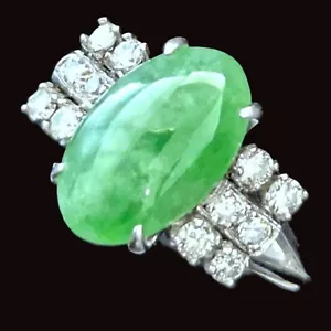 Vintage Jade Diamonds 14k White Gold Cocktail Ring Statement Retro Estate Gift - Picture 1 of 12