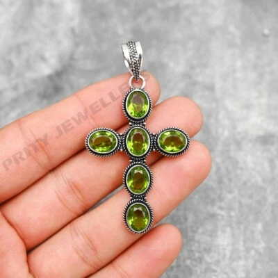 Peridot Cross Pendant 925 Sterling Silver Handmade Gemstone Jewelry 2.55" - Image 1 of 4