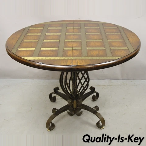 Vtg Spanish Rustic Twisted Iron Pedestal Metal Inlay Round Dining Table 2 Leaves Cover
