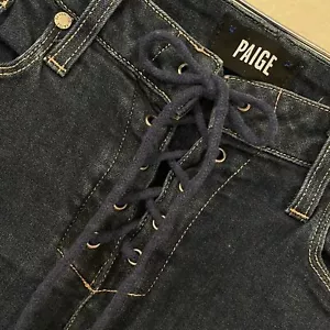 ~ PAIGE 31 Colette Flare Jeans* Stretch Women's Dark Blue Wash Lace Up Front HTF - Picture 1 of 13