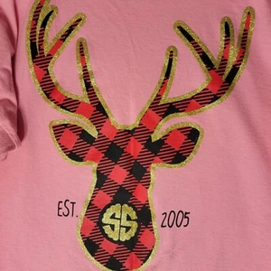 Simply Southern Tshirt Womens L Christmas Pink Metallic Deer Crop Buffalo Plaid - Picture 1 of 6