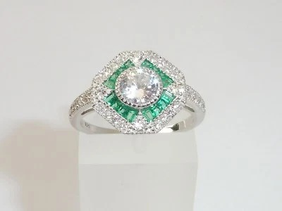 Donna Halo Design in argento sterling 925 con zaffiro bianco e smeraldo Anello - Immagine 1 di 4