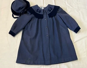 Vtg Wool Christmas Dress Coat & Matching Hat Girls Sz 6X Navy Blue Velvet Trim - Picture 1 of 9