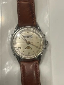 1950's Leonidas Pre-Heuer Stainless Steel Triple Date Calendar Moonphase WORKS - Picture 1 of 7