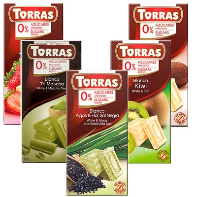 Torras weiße Schokolade zuckerfrei 5x 75g Probierset Erdbeere, Kiwi Kokos Matcha