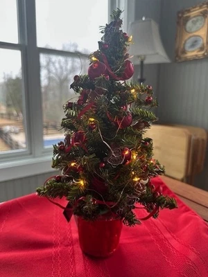 13 Inch Tabletop Artificial Christmas Tree Decorated Red Ornaments Gingerbread - Image 1 of 3