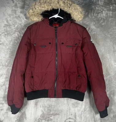 Guess Women’s M Faux Fur Hood Crop Down Puffer XL Bomber Y2K removeable hood red - Image 1 of 4