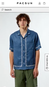 Pacsun Flora Oversize Camp Shirt Embroidered Floral Trim Pocket Logo Sz L 090233 - Picture 1 of 8