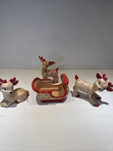 Vintage Kimple Ceramic Reindeer With Sleigh Circa 1985 4pc Set Rare And Unusual - Picture 1 of 18