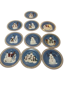 Sakura Debbie Mumm SNOWMAN Set / 10 Salad Dessert Plates Christmas Winter 1997 - Picture 1 of 3