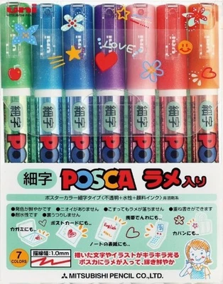 Uni POSCA  Drawing Pen Pens with Glitter 7 colors Fine  JAPAN - Image 1 of 4