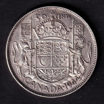 Canada 1944 50c Fifty Cent Silver Coin King George VI Hoof Over "4" .800 Silver - Image 1 of 2