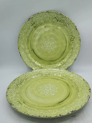 Cynthia Rowley Rustic Tuscan Medallion Melamine Dinner Plates Lime Green Scroll - Image 1 of 4