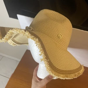 ADRIENNE VITTADINI Straw Hat Wide Brim Fringe Edge Sun Shells - Picture 1 of 11