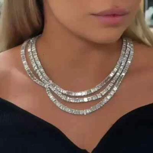 60Ct Marquise & Emerald Cut Lab Created Sapphire Three-Layer Statement Necklace - Picture 1 of 5