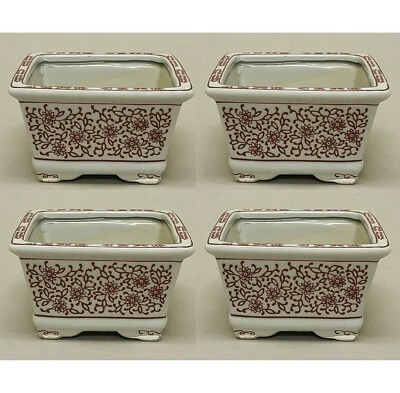 Planter Container White Ceramic with Red Print Bonsai Tray 6"Sq 3.5"High Set/4 - Image 1 of 4
