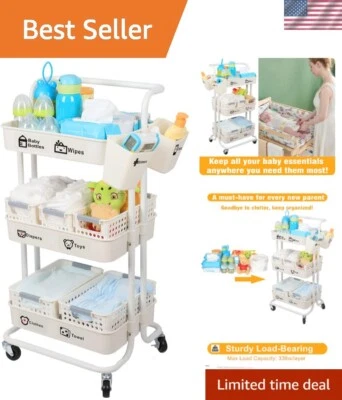 Baby Diaper Caddy Organizer Cart Movable, 3-Tier Sturdy Newborn Nursery Essen... - Image 1 of 4