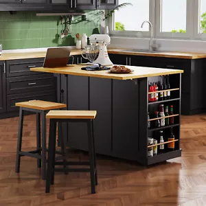 53'' Large Rolling Kitchen Island Cart with 2 Bar Stools Drop Leaf Power Outlet - Picture 1 of 24