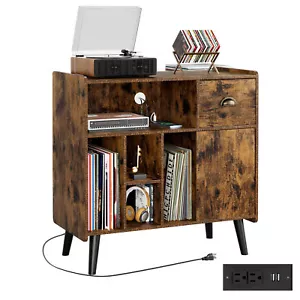 Large Record Player Stand Vinyl Record Storage Cabinet Table w/Power Outlet Legs - Picture 1 of 15