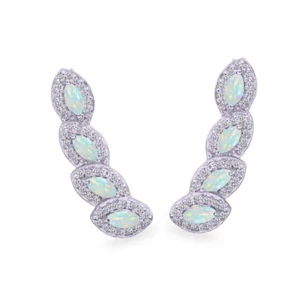 925 Silver Simulated Opal & White Topaz Marquise Halo Climber Crawler Earrings - Picture 1 of 4