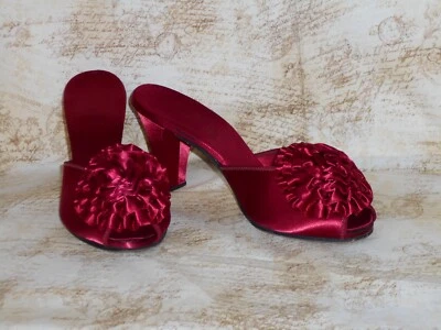 Vintage DANIEL GREEN Satin Shoes Crimson Red Boudoir Slippers 1950s Bow Rosette - Image 1 of 4