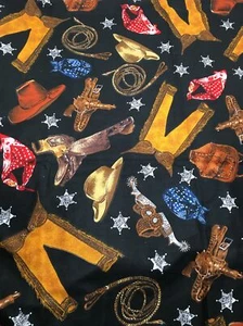 Shamash & Sons Fabric #5612 Cowboy on Black 1 Yard Cotton Chaps Deputy Badge - Picture 1 of 3