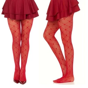 Womens Red Heart Pattern Fishnet Tights Ladies Valentines Lace Hosiery UK 6-16 - Picture 1 of 4