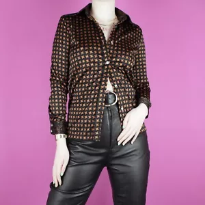 vintage 1970s retro pattern black brown 80s womens mod blouse shirt top xs 6 8 - Picture 1 of 11