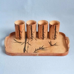 Vintage Bamboo Set of 4 Drinking Cups and Serving Tray Hand Crafted in Japan - Picture 1 of 8