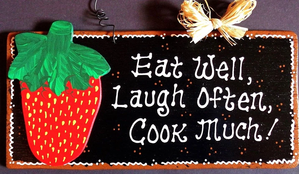 STRAWBERRY SIGN Eat Well Laugh Often Cook Much WALL ART PLAQUE Strawberries  - Image 1 of 1