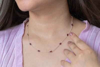 Natural Ruby Station Necklace 14k White Gold Plated Bezel Set 925 Silver Jewelry - Image 1 of 4
