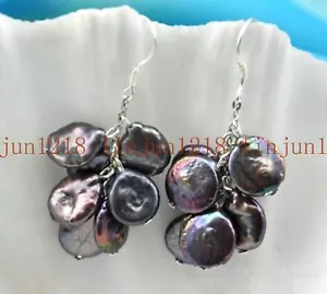 Orecchino Gancio Naturale 11-13 mm Nero Moneta Acqua Dolce Perla Argento 925 AAA - Foto 1 di 12