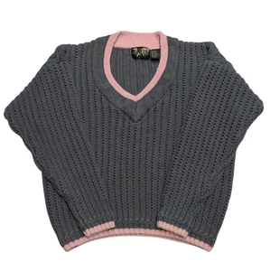 Vintage 80er fließender Pullover V-Ausschnitt Grobstrick Tennispullover Damen M rosa grau - Bild 1 von 9