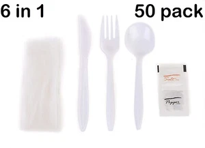 50 Pack - Wrapped Cutlery Kit 6 in 1 - Fork/Spoon/Knife/Napkin/Salt/Pepper - Bild 1 von 3