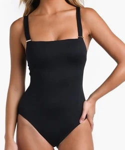 La Blanca Womens Square Neck Lace Up Back One Piece Swimsuit Size 16 New Black - Picture 1 of 11