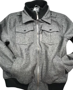 Graue Herren Bomberjacke M Wollmischung Reißverschluss Steppfutter abnehmbare Kapuze Streetwear - Bild 1 von 21