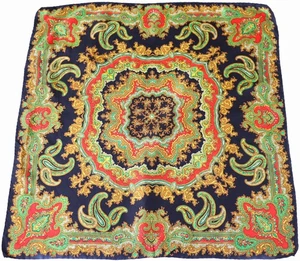 Vintage 1960s Paisley Silk Scarf - Black / Red/ Yellow / Green  - Picture 1 of 5