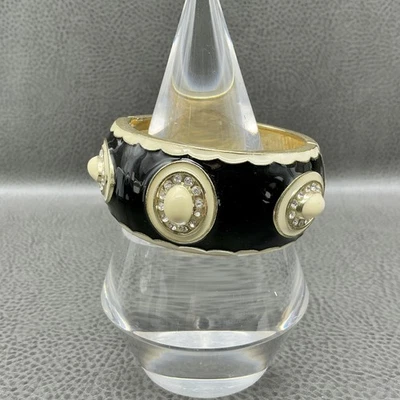 Black Enamel Hinge Bangle Bracelet Cream Cabochon Rhinestone Accents 7 inch - Image 1 of 4