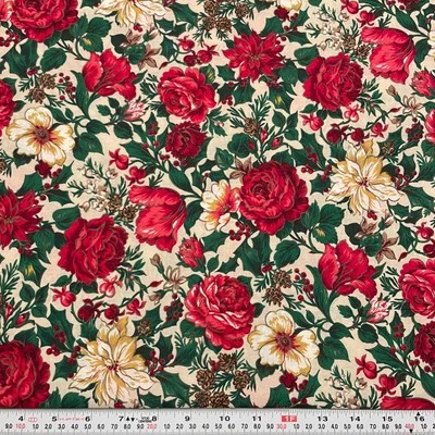 Tela de algodón beige floral navideño metálico vintage Cranston por media yarda Foto 1 de 2