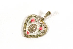 Herzform Wunderbare Maria Sterlingsilber THEDA Markasiten Rosenmuster Medaille - Bild 1 von 5