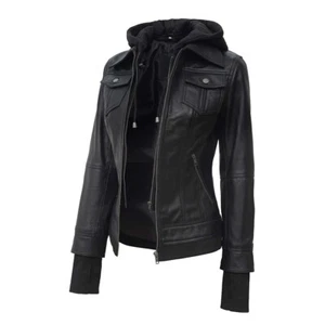 Women's Leather Jacket with Hood Short Faux Leather Jacket - Picture 1 of 3