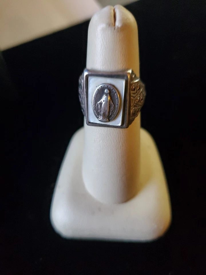 Anillo Virgen María Nuestra Señora Plata de Ley Perla Sólida Marcasita Talla 7.5 Foto 1 de 4