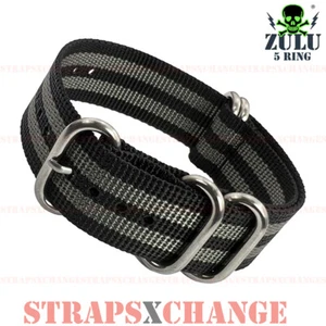 PREMIUM ZULU® 5 Ring BLACK GREY BOND STRIPE 007 Military Divers Watch Strap Band - Picture 1 of 8