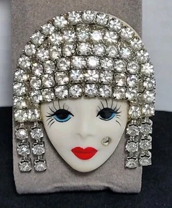Morningstar Hand Painted Flapper Girl Brooch Porcelain Rhinestone Jeweled Face - Picture 1 of 4